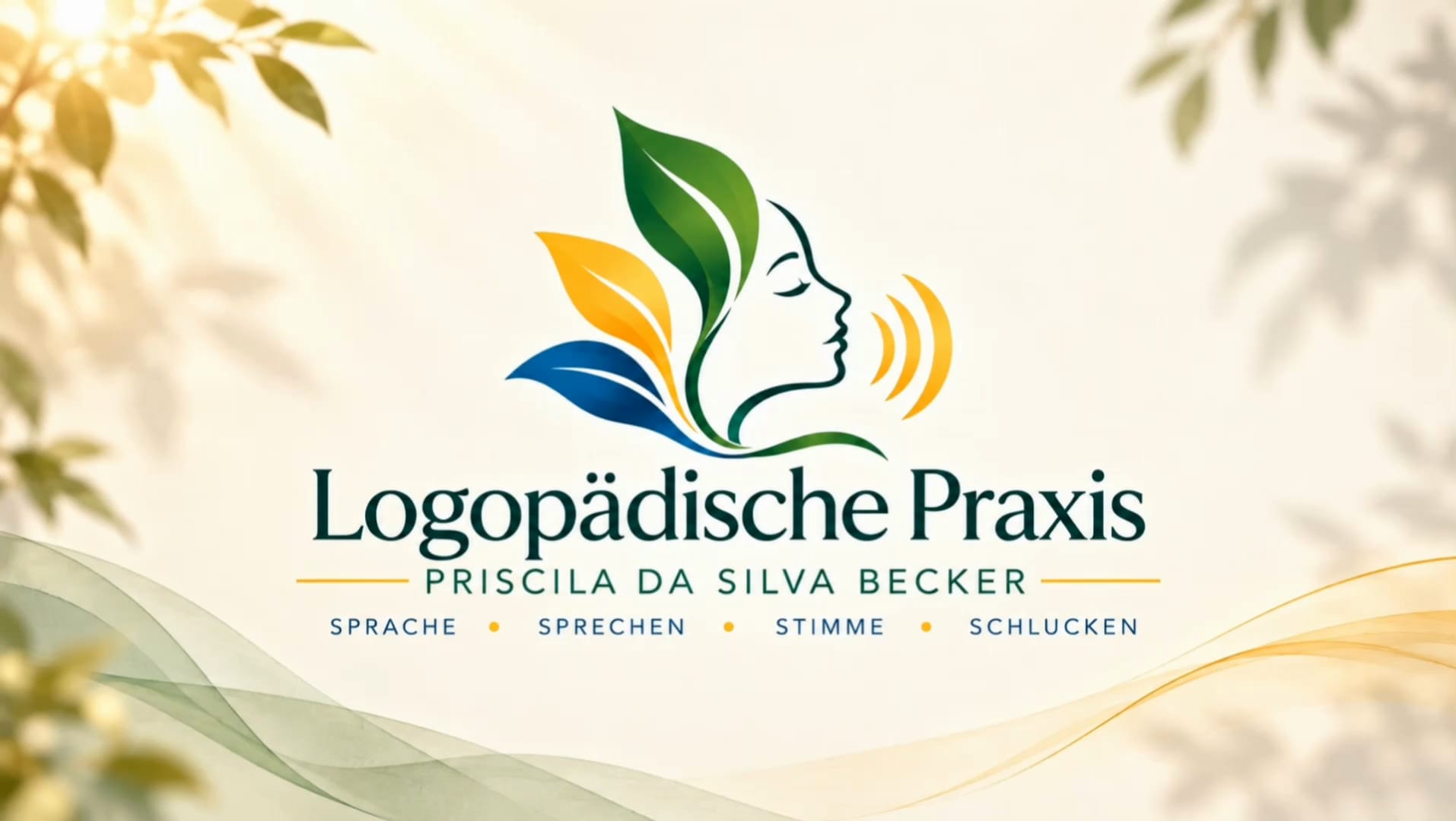 Logo der Logopädischen Praxis Priscila Da Silva Becker: ein Gesichtsprofil mit grünen, gelben und blauen Blättern und goldenen Schallbögen, darunter „Sprache · Sprechen · Stimme · Schlucken“.